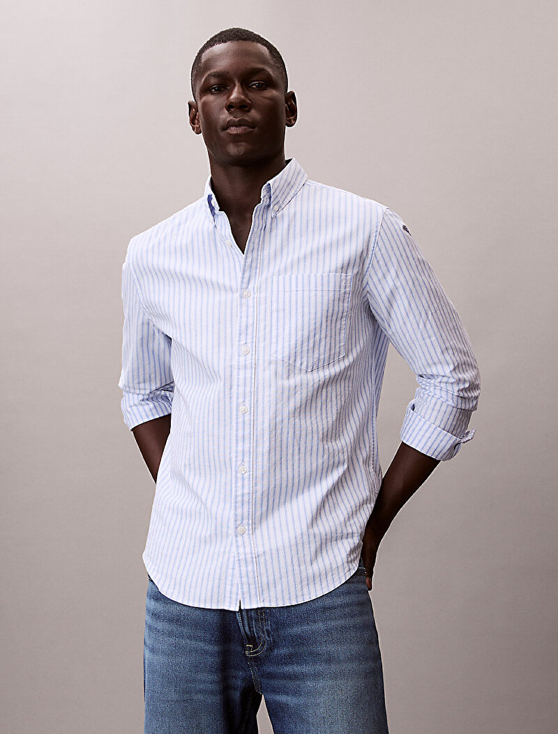 Calvin Klein Mavi Renkli Erkek Stripe Oxford Gömlek