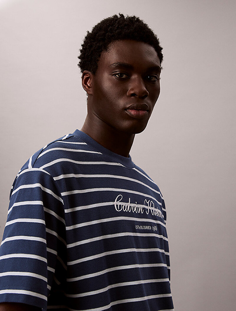 Calvin Klein Lacivert Renkli Erkek Stripe Casual T-shirt
