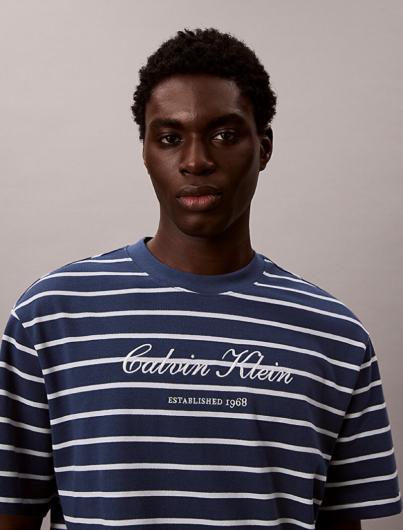 Calvin Klein Lacivert Renkli Erkek Stripe Casual T-shirt