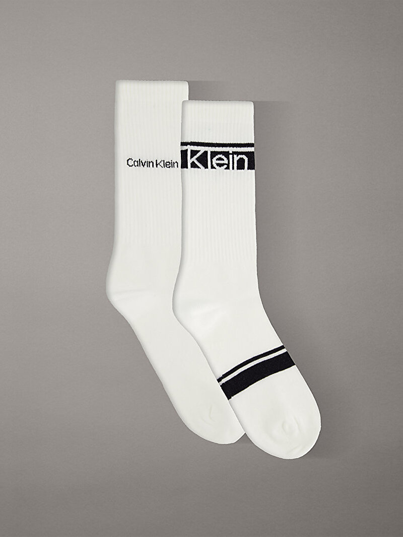 Calvin Klein Beyaz Renkli Erkek CK 2'li Paket Logo Çorap