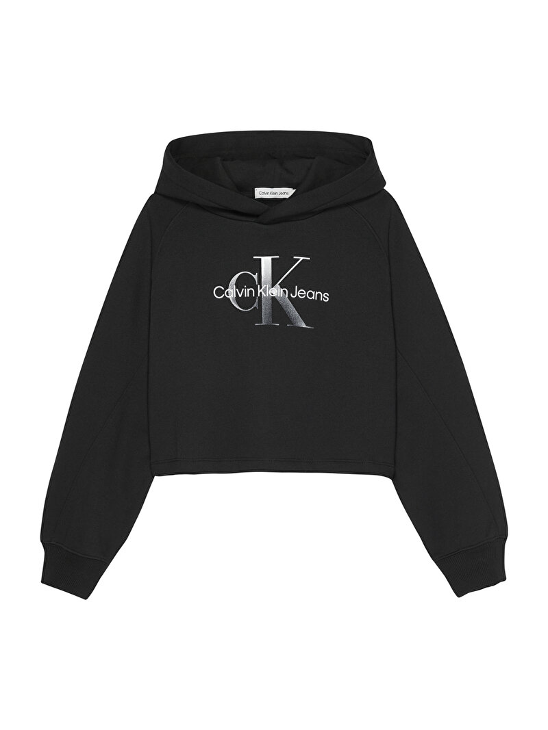 Calvin Klein Siyah Renkli Kız Çocuk Geri Dönüştürülmüş Polyester Cropped Hoodie Kapüşonlu Sweatshirt