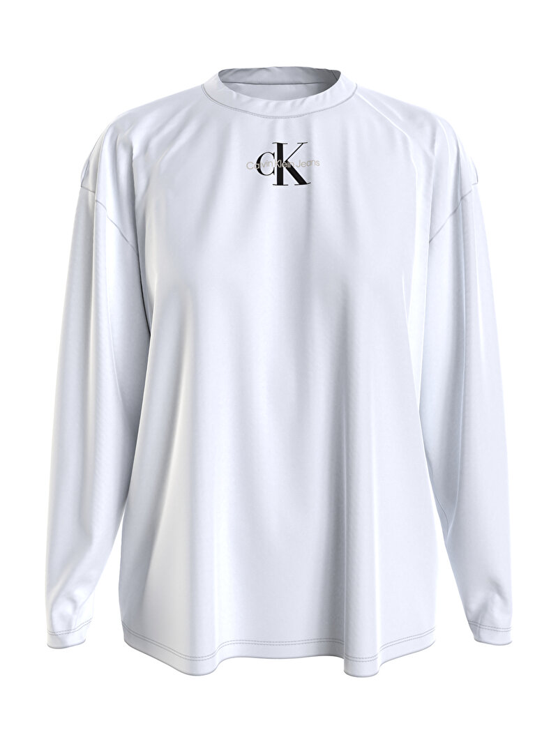 Calvin Klein Beyaz Renkli Kadın Organik Pamuklu Uzun Kollu Logolu T-Shirt