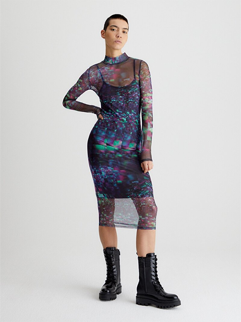 Calvin Klein Mor Renkli Kadın Aop Mesh Elbise