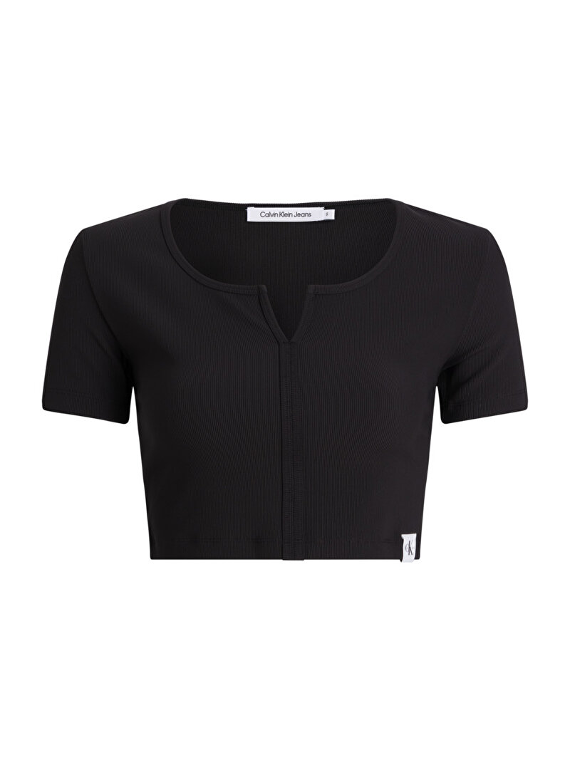 Calvin Klein Siyah Renkli Kadın Tab Split Neck Rib T-Shirt