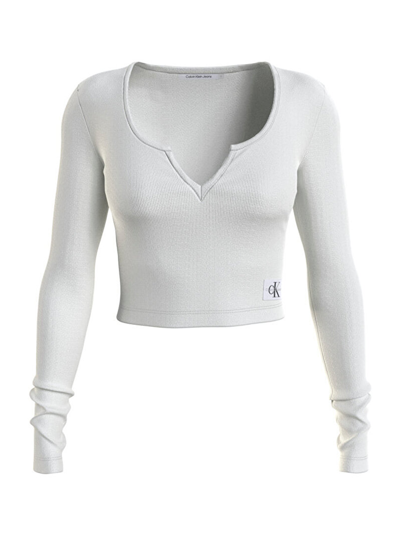 Calvin Klein Beyaz Renkli Kadın Split Collar Rib Uzun Kollu T-Shirt