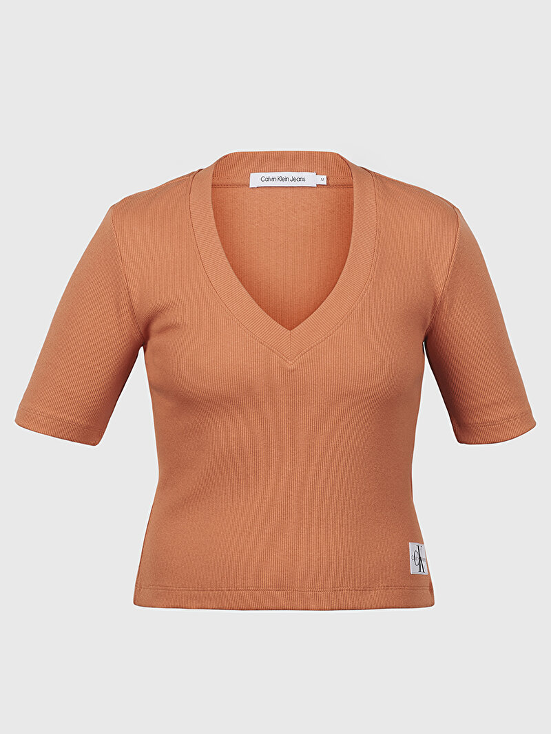 Calvin Klein Turuncu Renkli Kadın Woven Label Rib V Yaka T-Shirt