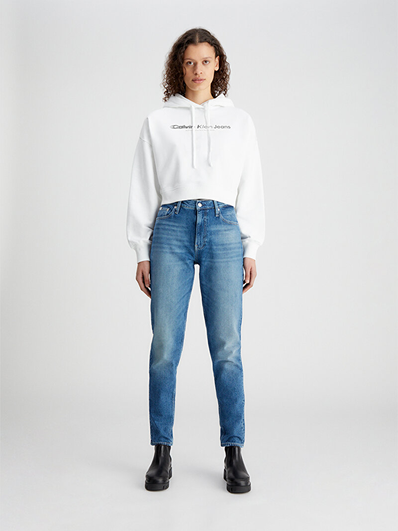 Calvin Klein Beyaz Renkli Kadın Ck Slogan Hoodie Sweatshirt