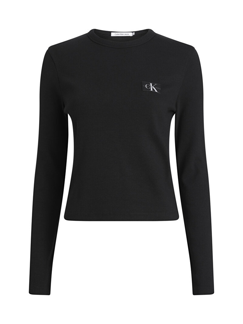 Calvin Klein Siyah Renkli Kadın Woven Label Rib Uzun Kollu T-Shirt