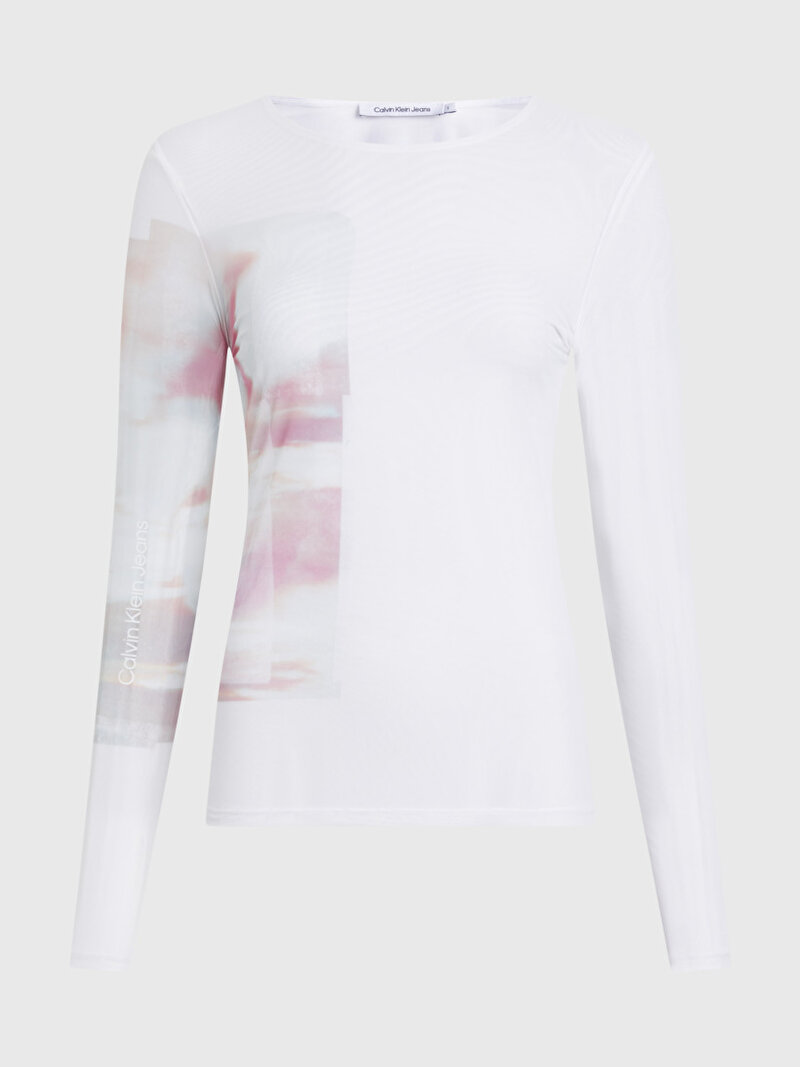 Calvin Klein Beyaz Renkli Kadın Diffused Graphic Uzun Kollu T-Shirt