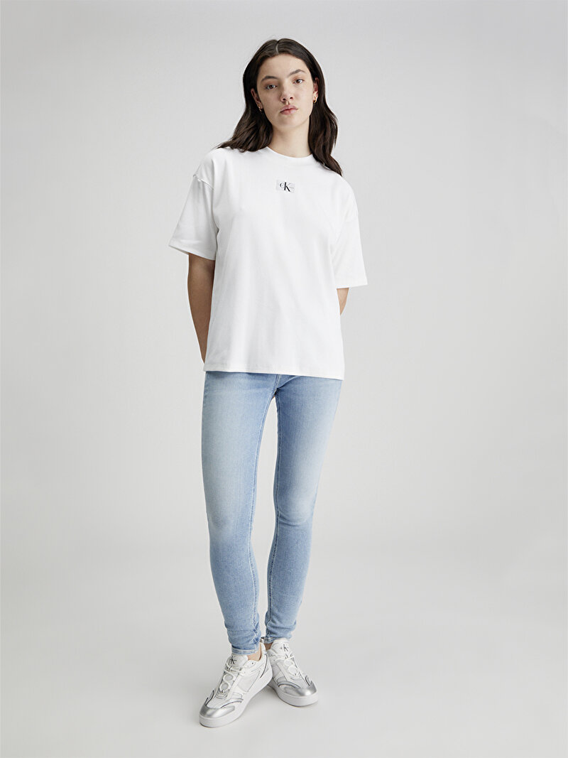 Calvin Klein Beyaz Renkli Kadın Woven Label Rib Boyfriend T-Shirt