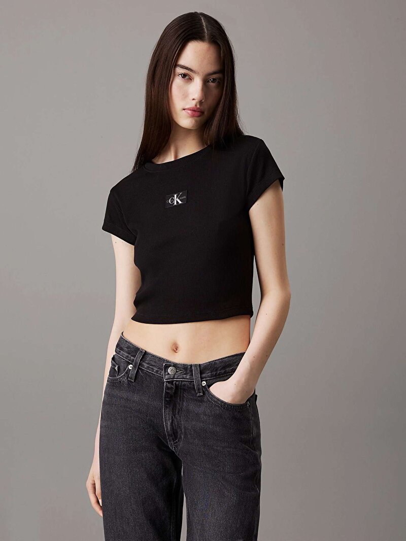 Calvin Klein Siyah Renkli Kadın Woven Label Rib T-Shirt