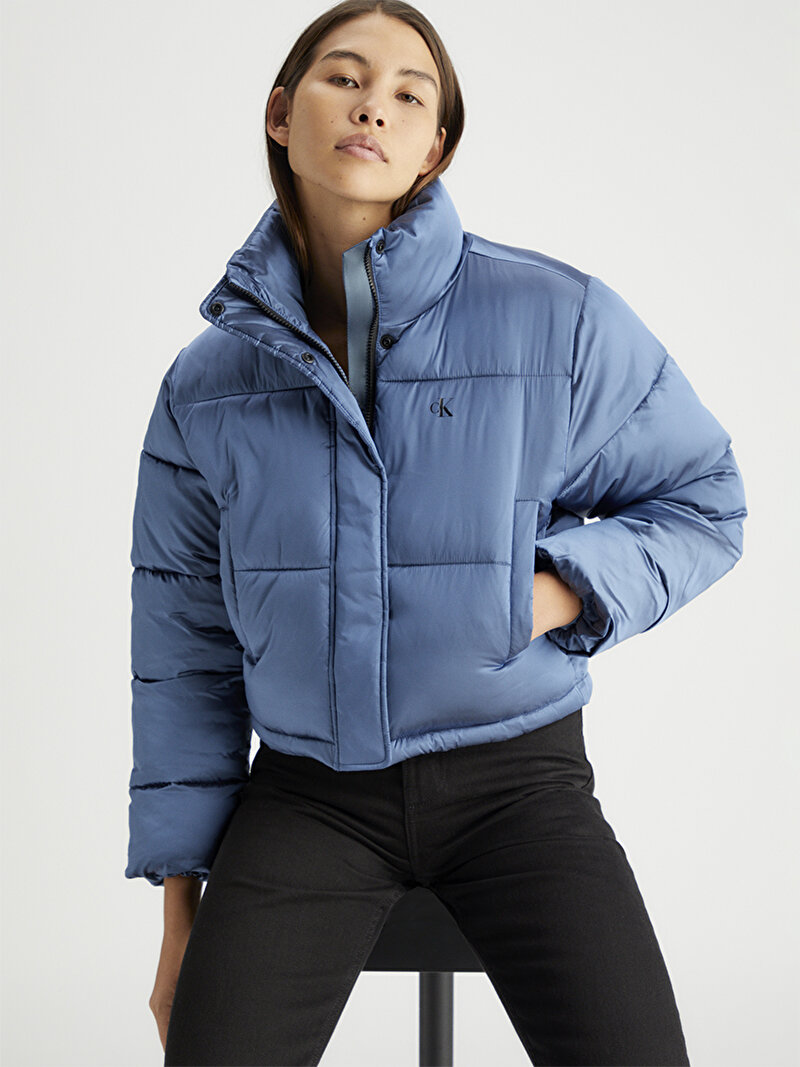 Calvin Klein Mavi Renkli Kadın Shiny Cropped Puffer Mont