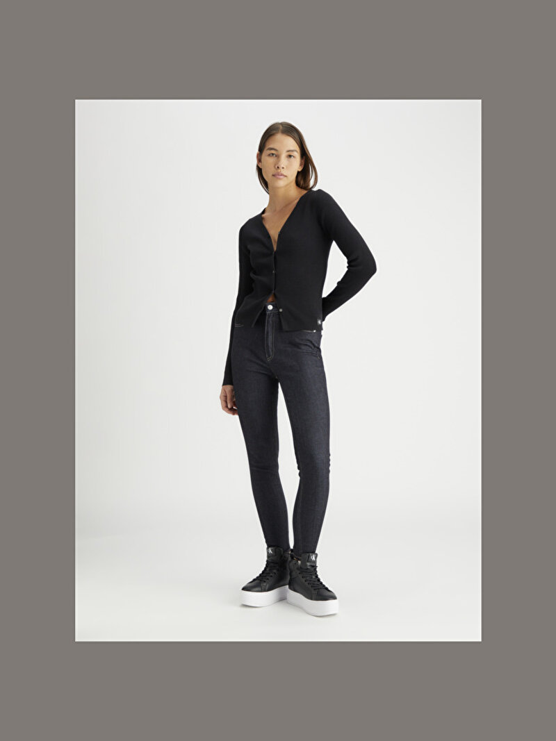 Calvin Klein Siyah Renkli Kadın Woven Label Kazak