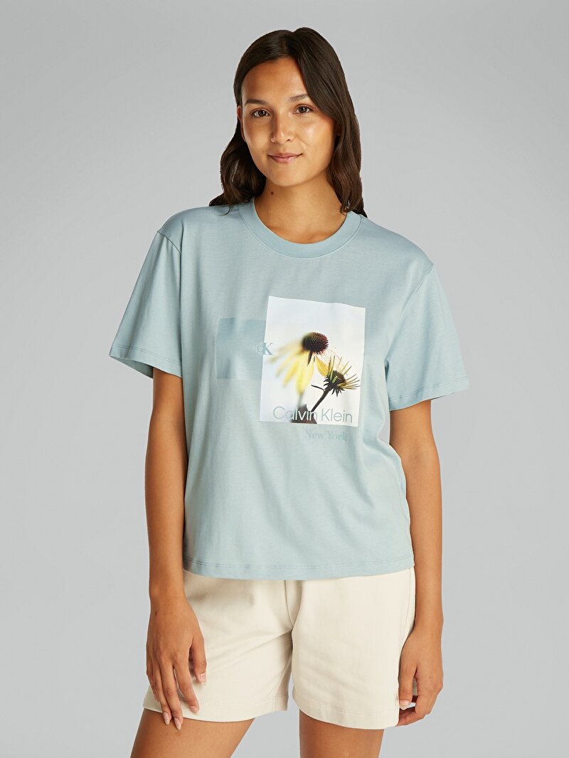Calvin Klein Mavi Renkli Kadın Flower Graphic Relax T-shirt