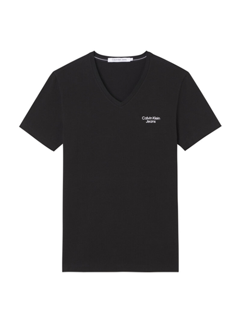 Calvin Klein Siyah Renkli Erkek Stacked Logo V Yaka T-Shirt