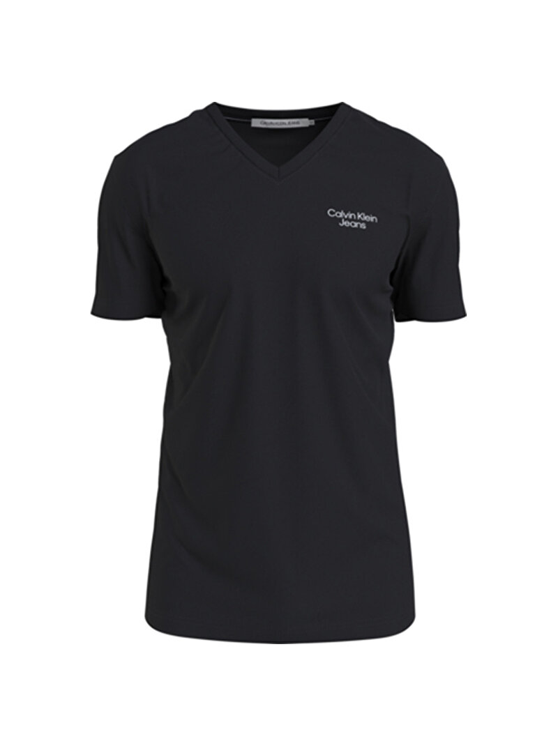 Calvin Klein Siyah Renkli Erkek Stacked Logo V Yaka T-Shirt