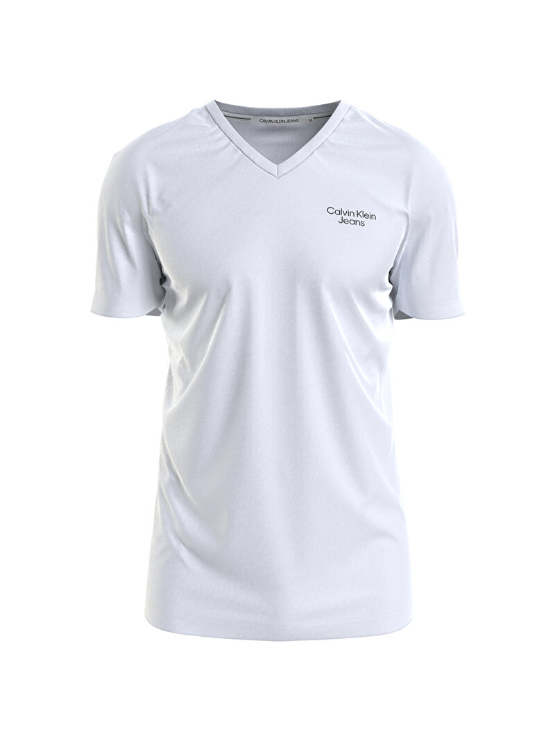 Calvin Klein Beyaz Renkli Erkek Stacked Logo V Yaka T-Shirt