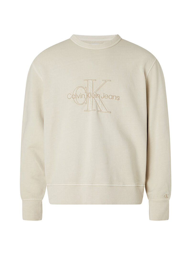Calvin Klein Bej Renkli Erkek Monologo Washed Bisiklet Yaka Sweatshirt