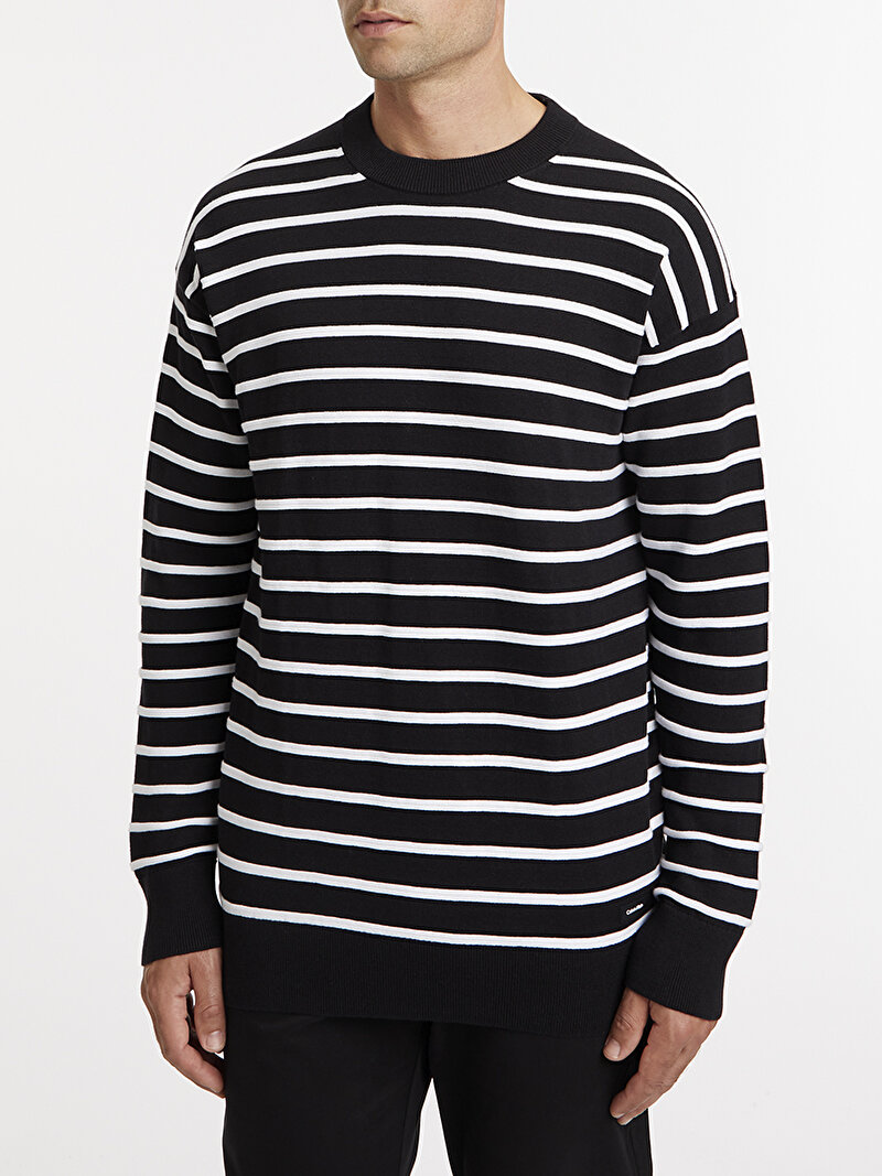 Calvin Klein Siyah Renkli Erkek Striped Comfort Kazak