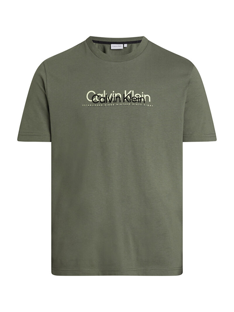 Calvin Klein Haki Renkli Erkek Double Flock Logo T-Shirt