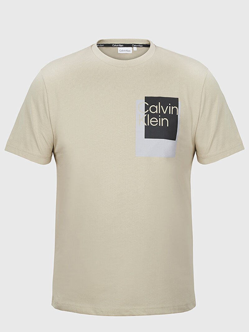 Calvin Klein Bej Renkli Erkek Overlay Box Logo T-Shirt