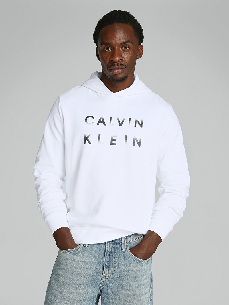 Calvin Klein Beyaz Renkli Erkek Cp-enlarged Logo Hoodie