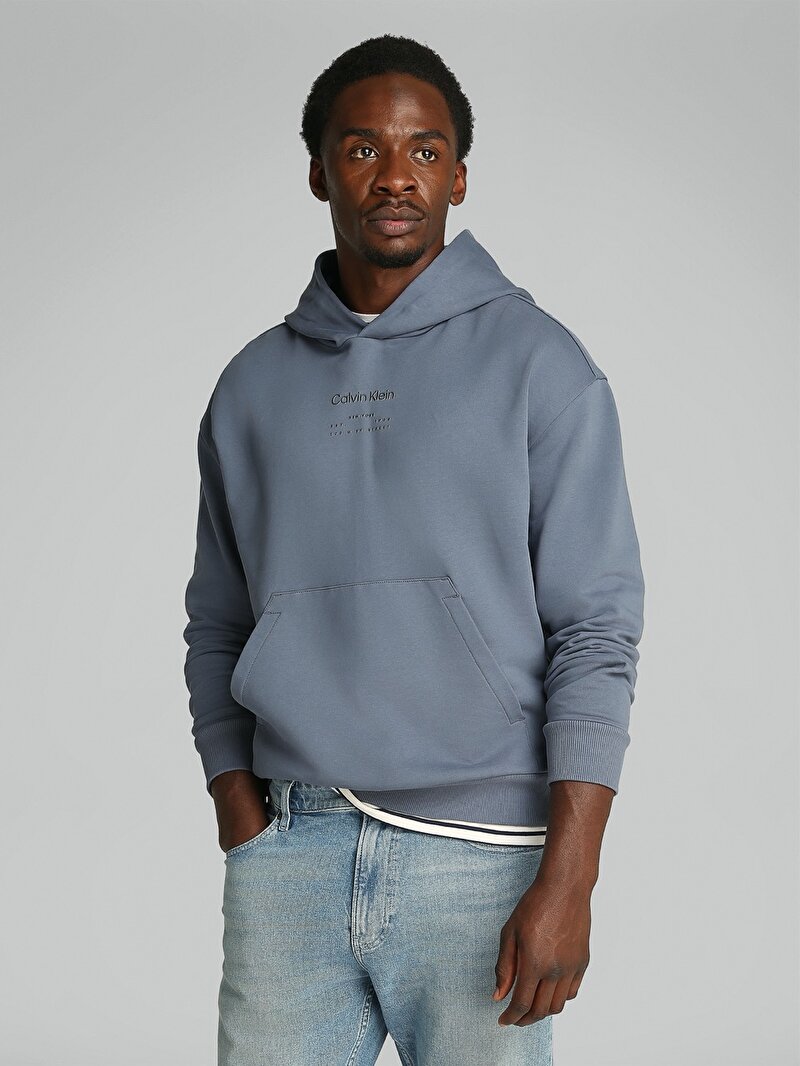 Calvin Klein Mavi Renkli Erkek Raised Editorial Logo Sweatshirt