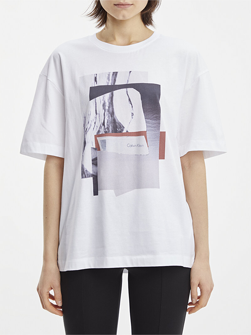 Calvin Klein Beyaz Renkli Kadın Photo Print Graphic T-Shirt
