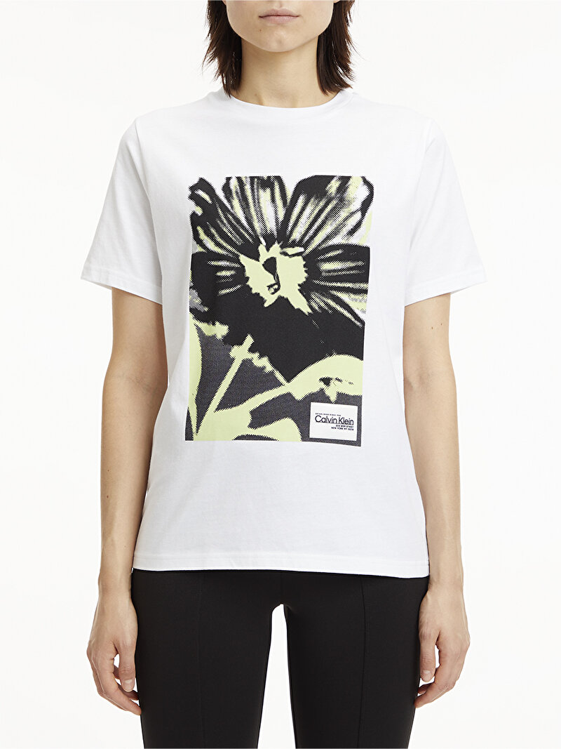 Calvin Klein Beyaz Renkli Kadın Flower Print Graphic T-Shirt