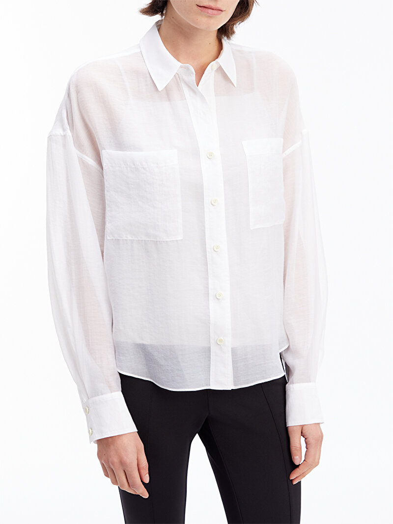 Calvin Klein Beyaz Renkli Kadın Sheer Tensel Crop Gömlek