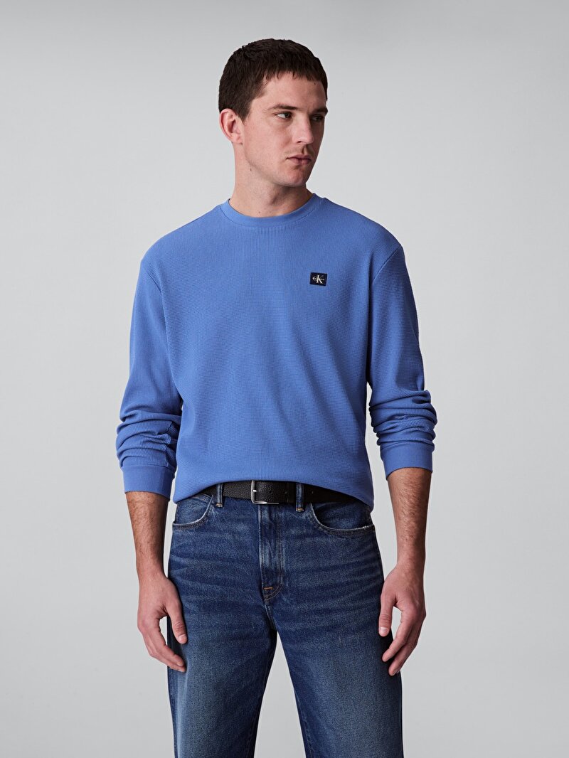 Calvin Klein Mavi Renkli Erkek Waffle Badge Crew T-shirt