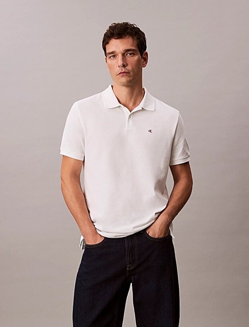 Calvin Klein Beyaz Renkli Erkek Ss Monogram Pique Polo T-shirt