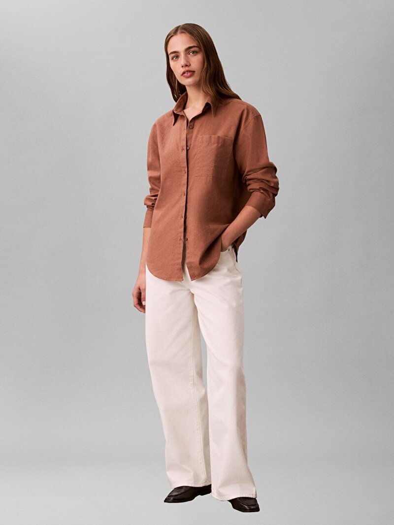 Calvin Klein Kahverengi Renkli Kadın Cotton Linen Roll Gömlek