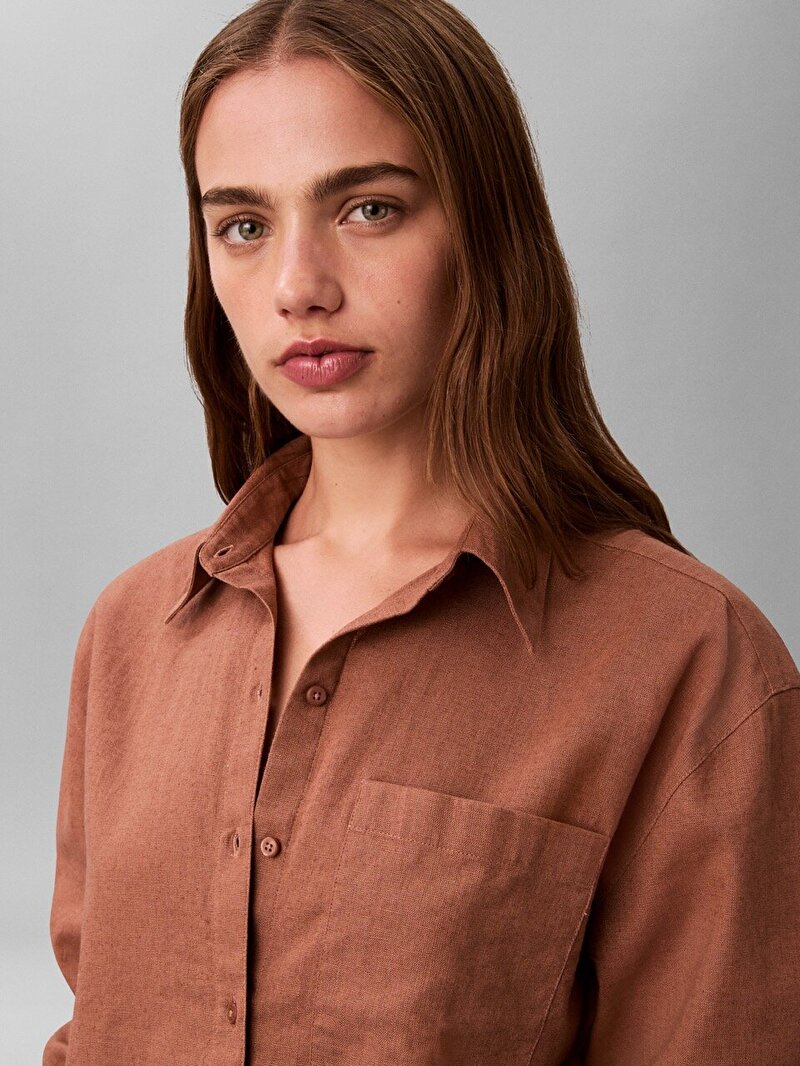 Calvin Klein Kahverengi Renkli Kadın Cotton Linen Roll Gömlek