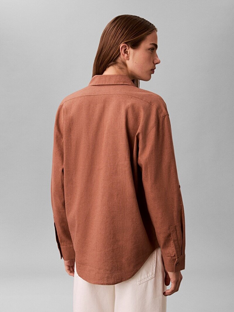 Calvin Klein Kahverengi Renkli Kadın Cotton Linen Roll Gömlek