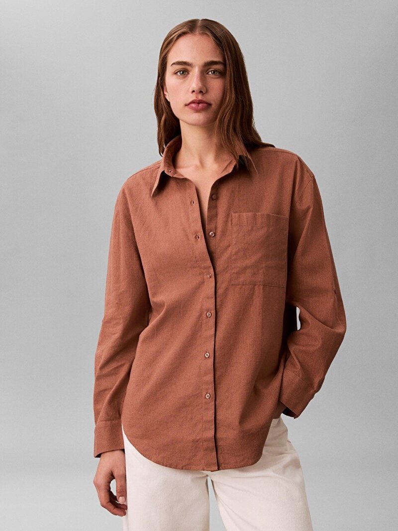 Calvin Klein Kahverengi Renkli Kadın Cotton Linen Roll Gömlek