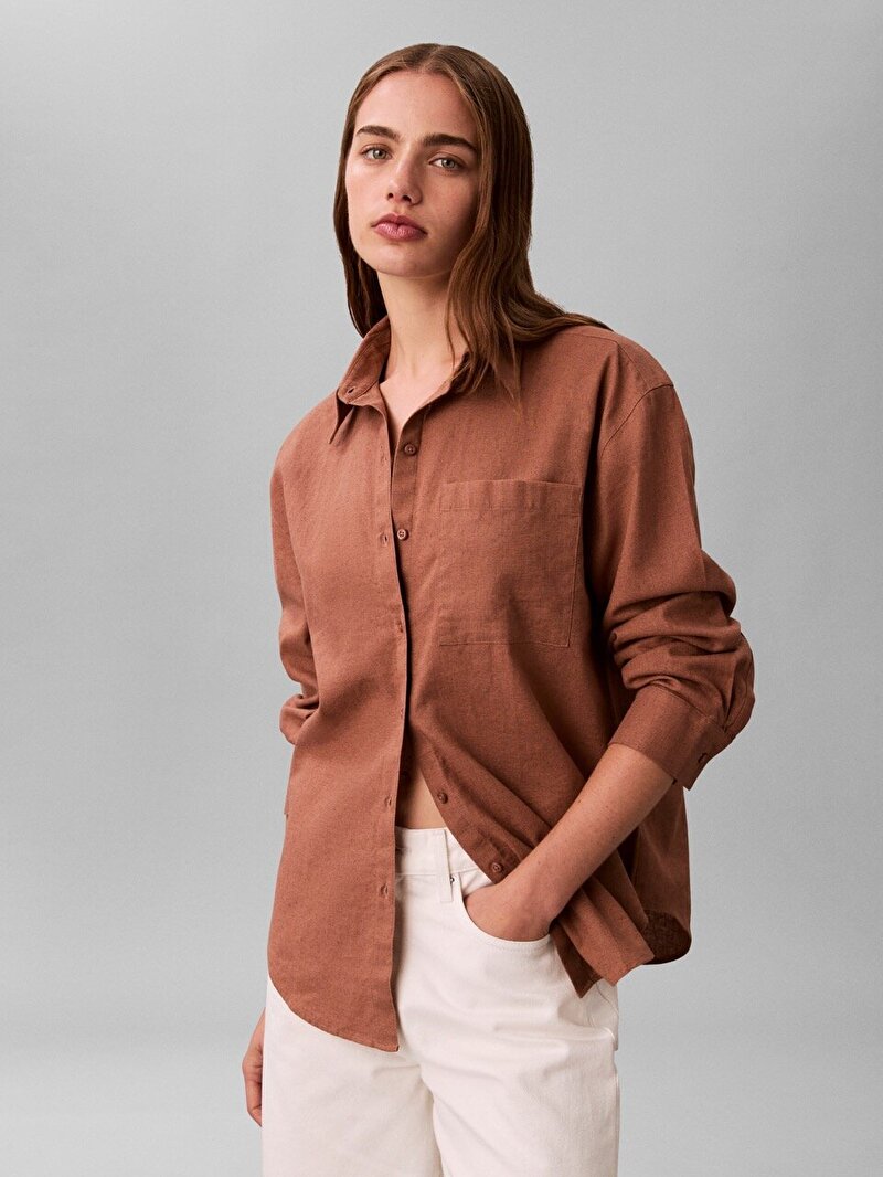 Calvin Klein Kahverengi Renkli Kadın Cotton Linen Roll Gömlek