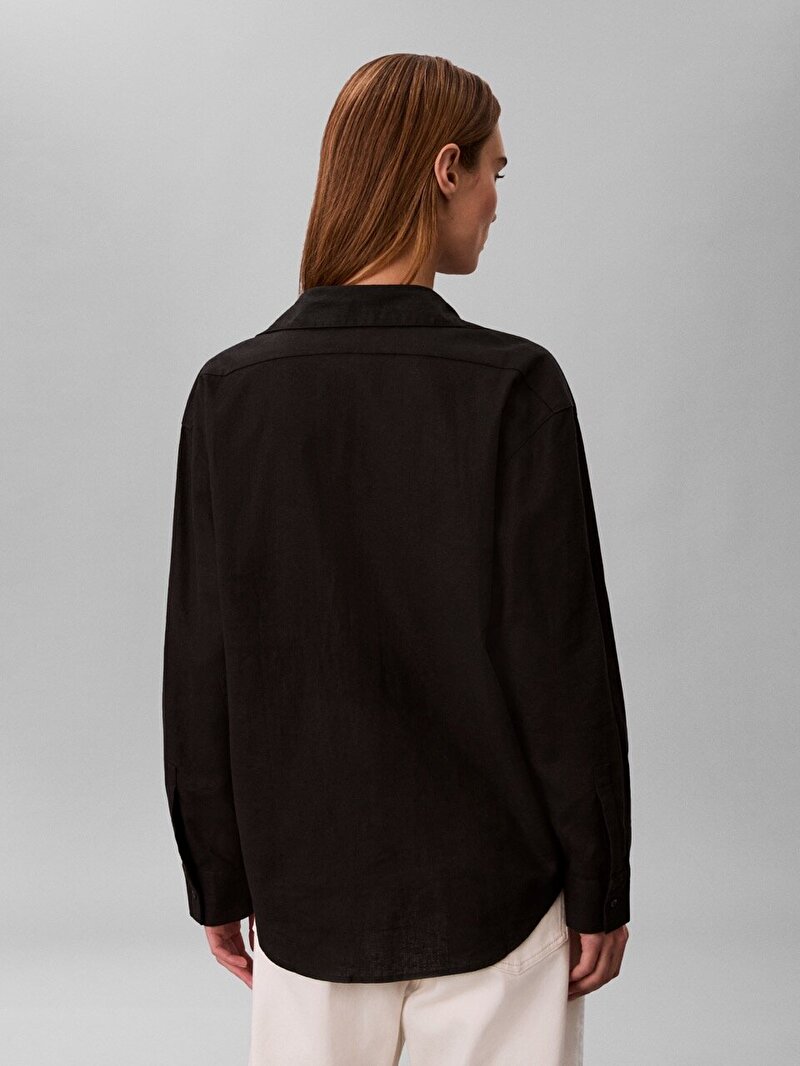 Calvin Klein Siyah Renkli Kadın Cotton Linen Roll Gömlek