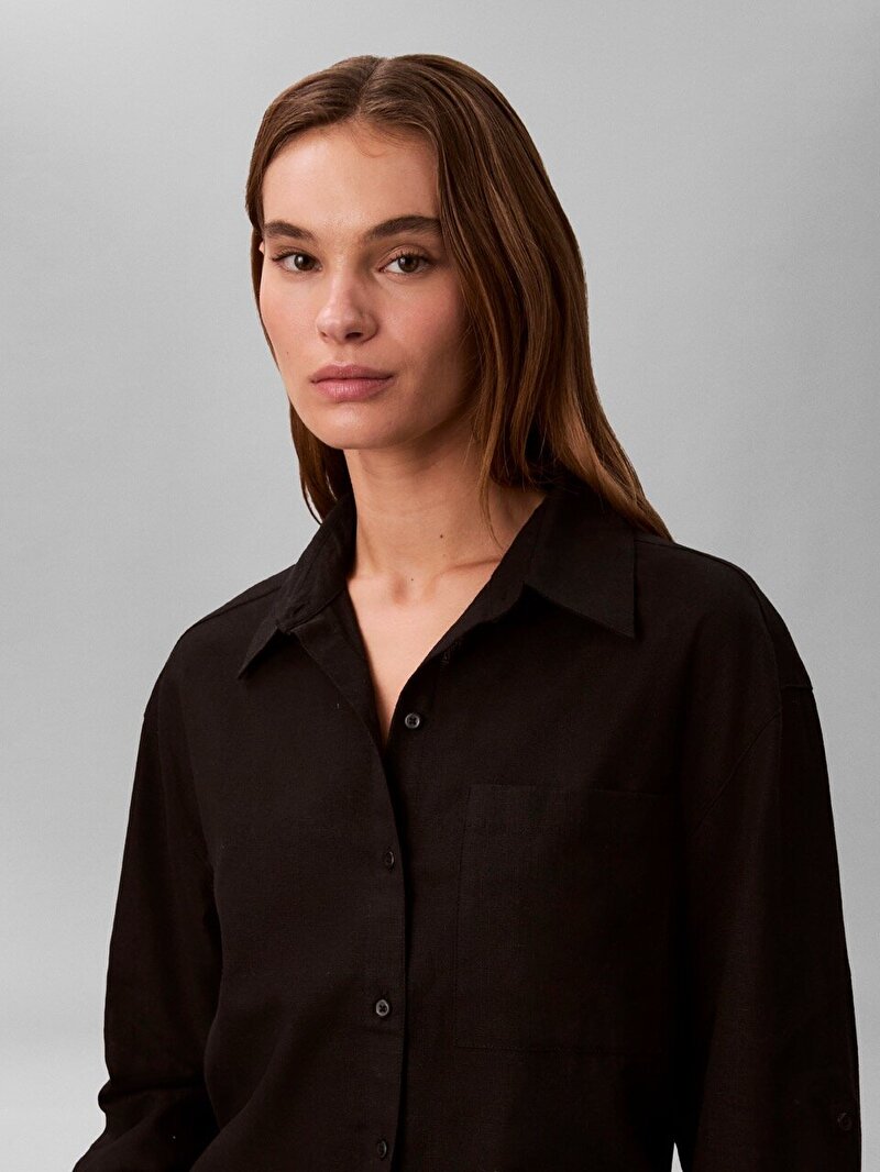 Calvin Klein Siyah Renkli Kadın Cotton Linen Roll Gömlek