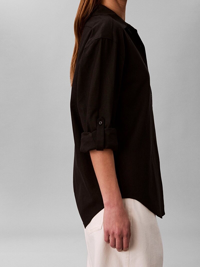 Calvin Klein Siyah Renkli Kadın Cotton Linen Roll Gömlek