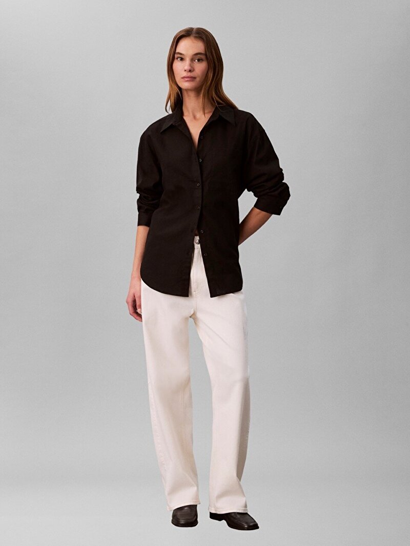 Calvin Klein Siyah Renkli Kadın Cotton Linen Roll Gömlek