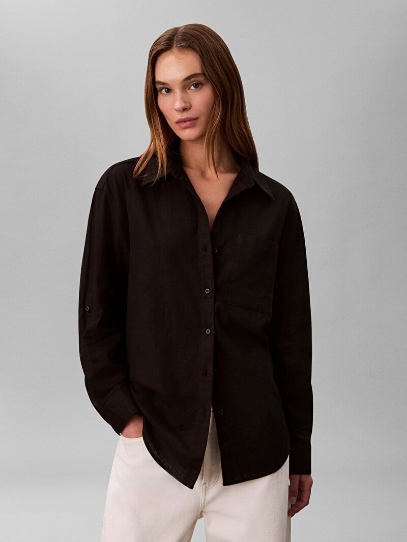 Calvin Klein Siyah Renkli Kadın Cotton Linen Roll Gömlek