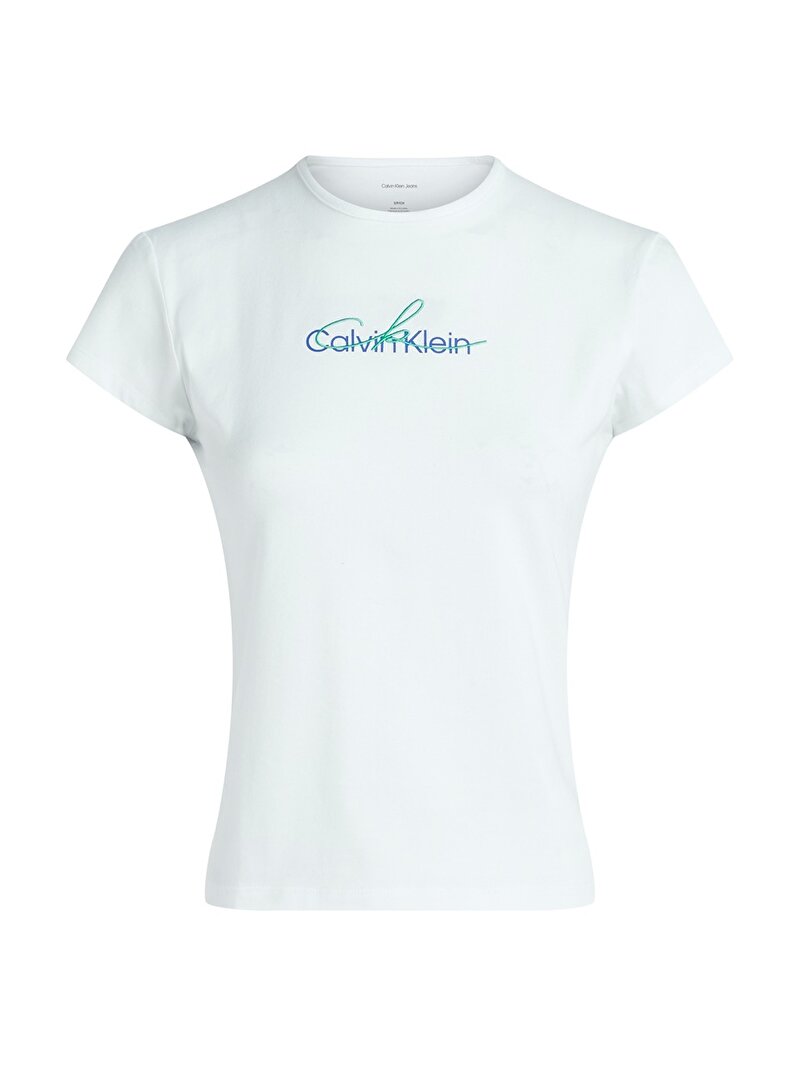 Calvin Klein Beyaz Renkli Kadın Slim Script CK T-shirt
