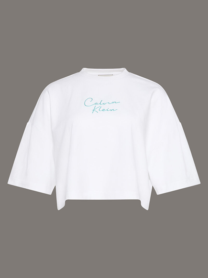 Calvin Klein Beyaz Renkli Kadın Crop Boxy Chain T-shirt