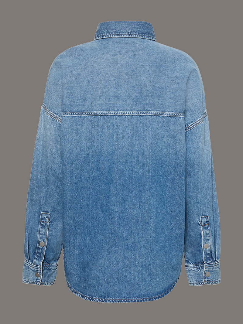 Calvin Klein Mavi Renkli Kadın Relaxed Linen Denim Gömlek