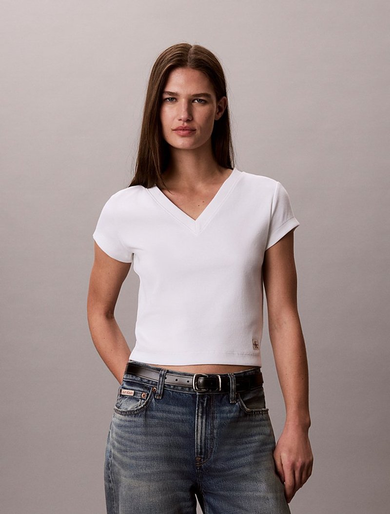 Calvin Klein Beyaz Renkli Kadın Woven Label T-shirt