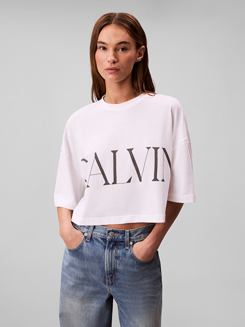 Calvin Klein Beyaz Renkli Kadın Calvin Klein Crop T-shirt