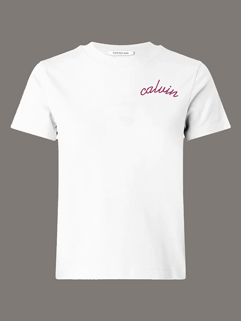 Calvin Klein Beyaz Renkli Kadın Calvin Line Embroidery T-shirt