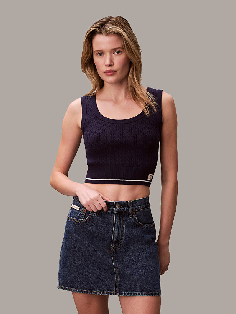 Calvin Klein Mavi Renkli Kadın Woven Label Kazak