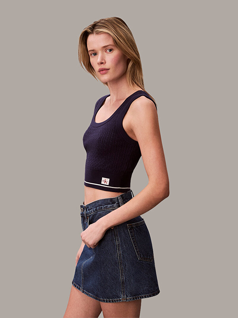 Calvin Klein Mavi Renkli Kadın Woven Label Kazak